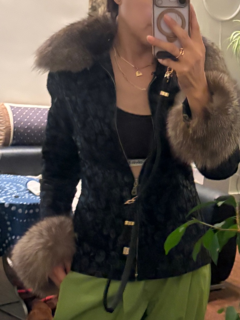 Black Floral Jacquard leather Jacket with Fur Trim - Picture 2 of 10